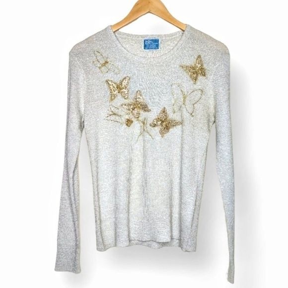 Vintage LeRoy Knitwear Metallic Silver Gold Butterfly Sweater - Picture 1 of 11